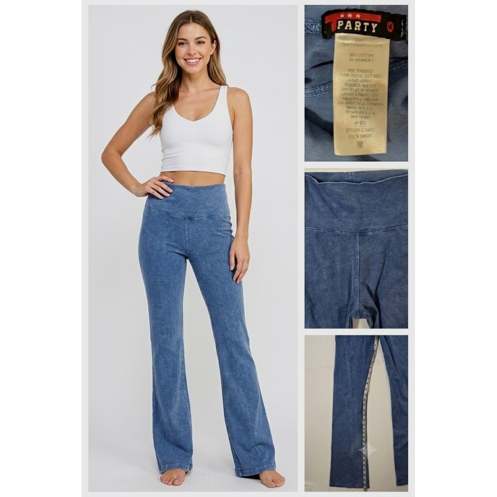 T Party Mineral Wash Flare Yoga Pants M Blue High Rise Foldover Y2K Made in USA